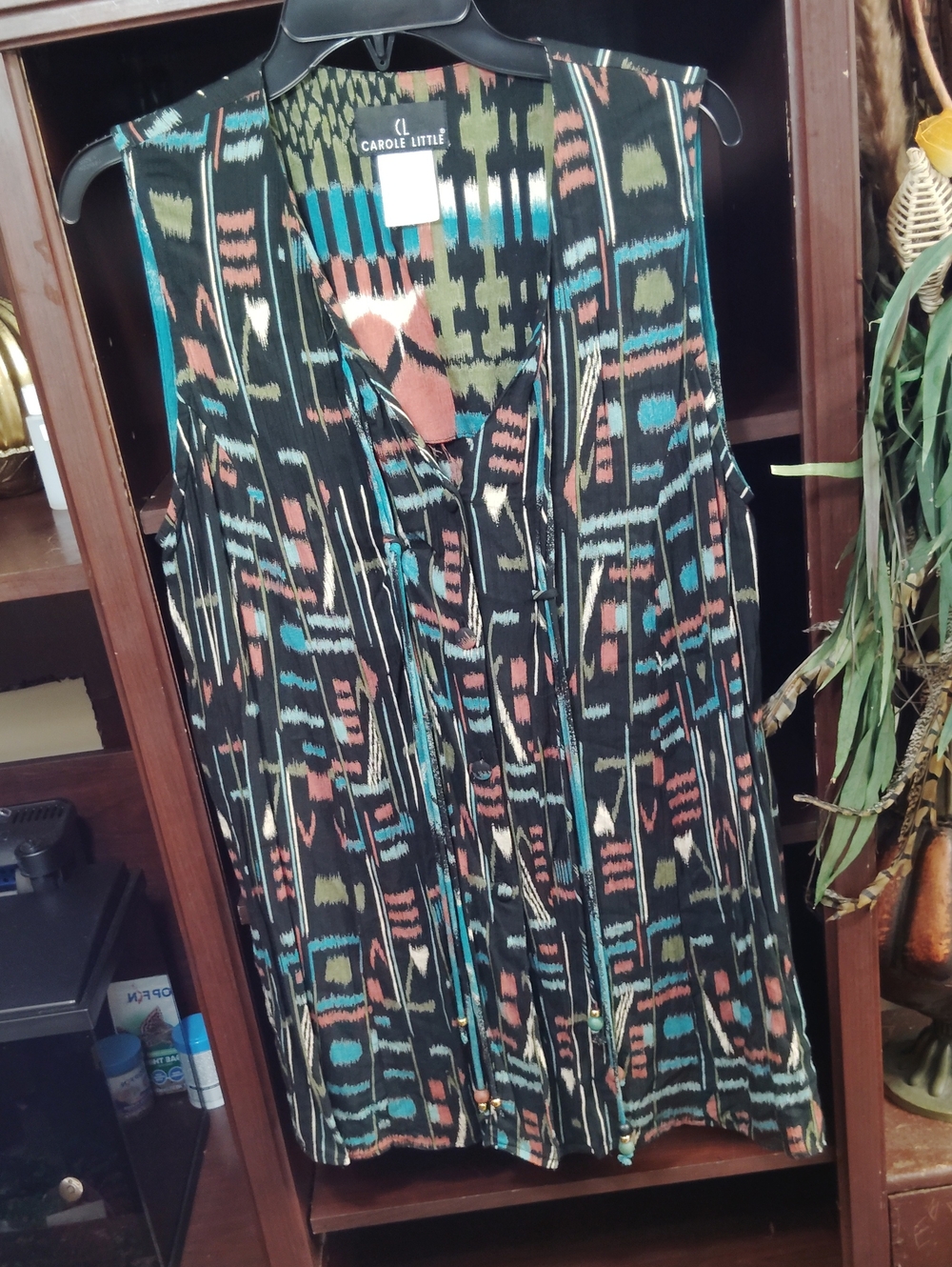 Carole Little Black Sleeveless Midi Dress with Teal, Coral & Olive Tribal Print